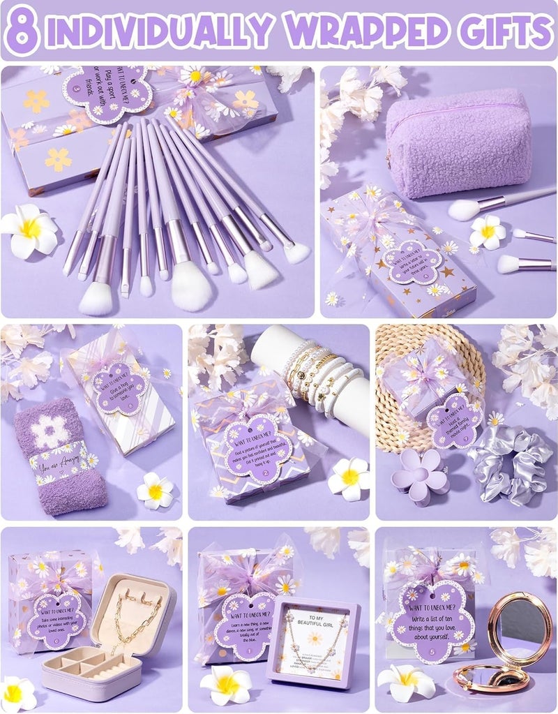 Qinline Valentines Day Gifts for Tween & Teen Girls - 8 PCS Birthday Gift Basket Teenage Girl Gifts Trendy Stuff w/ Fun Task Tags Makeup Brushes & Bag, Empower Positive Wrapped Gift Box for Daughter Niece - Image 4